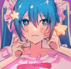 Rule 34 | 1girl, aqua eyes, aqua hair, blush, closed mouth, commentary, frilled shirt, frills, hair between eyes, hatsune miku, highres, long hair, looking at viewer, nervous sweating, pink shirt, portrait, red ribbon, ribbon, shirt, solo, spica (spica5f9ea0), star-shaped pupils, star (symbol), sweat, symbol-shaped pupils, twintails, vocaloid