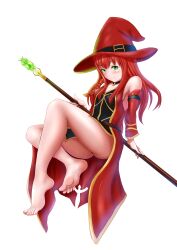 Rule 34 | 1girl, absurdres, bare legs, bare shoulders, barefoot, black choker, blush, braid, choker, closed mouth, detached sleeves, feet, full body, green eyes, hat, highres, holding, holding staff, light smile, long hair, looking at viewer, original, red hair, red headwear, simple background, single braid, smile, soles, staff, thighs, toes, uriens, white background, witch hat
