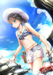 Rule 34 | 1girl, aiuabo, black hair, blue eyes, blush, bow, breasts, cleavage, cloud, crab, day, hair bow, hat, jewelry, looking away, md5 mismatch, medium breasts, medium hair, navel, necklace, original, outdoors, purple bow, resolution mismatch, shorts, solo, source larger, white hat