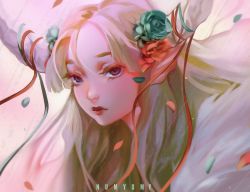 Rule 34 | 1girl, blonde hair, blue ribbon, blue rose, closed mouth, expressionless, eyelashes, flower, hair flower, hair ornament, horn ornament, horn ribbon, horns, long hair, numyumy, original, petals, portrait, purple eyes, red lips, red ribbon, red rose, ribbon, rose, solo, upper body