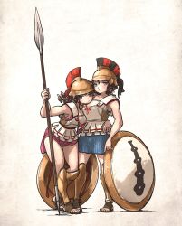 Rule 34 | 2girls, ancient greek clothes, armor, collarbone, greco-roman clothes, helmet, highres, holding, holding weapon, hoplite, ironlily, long hair, multiple girls, original, polearm, sandals, shield, skirt, soldier, spear, weapon, yuri