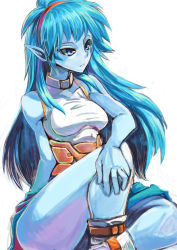 Rule 34 | 00s, 1girl, blue hair, blue skin, celsius, celsius (tales), colored skin, hairband, highres, long hair, looking away, pointy ears, sitting, sleeveless, solo, tales of (series), tales of eternia, tsunemi aosa