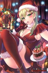 Rule 34 | 1girl, :p, absurdres, alcohol, blonde hair, blush, breasts, cake, champagne, cleavage, cream, food, fruit, fur trim, gloves, green eyes, hair ornament, hairpin, hat, head tilt, highres, kuon michiyoshi, large breasts, legs, licking, looking at viewer, plate, red thighhighs, santa costume, santa hat, sideboob, snowflakes, solo, strawberry, thighhighs, tongue, tongue out, wreath