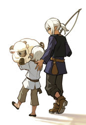 Rule 34 | 2boys, aged down, animal, bell, belt, black eyes, black footwear, black pants, blue jacket, brothers, brown footwear, brown pants, carrying, child, chinese commentary, commentary request, elezen, elf, estinien varlineau, facing away, final fantasy, final fantasy xiv, fishing rod, from behind, full body, hair tie, hand on another&#039;s back, height difference, highres, holding, holding animal, holding fishing rod, jacket, looking back, male focus, multiple boys, neck bell, open mouth, pants, pointy ears, ponytail, sheep, short hair, siblings, simple background, tongue, tongue out, walking, waterskin, white background, white hair, white jacket, wuliu heihuo