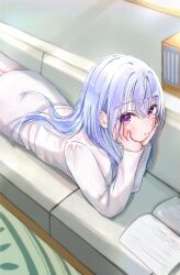 Rule 34 | 1girl, blue hair, blush, book, couch, hands on own cheeks, hands on own face, head rest, highres, idolmaster, idolmaster shiny colors, indoors, looking at viewer, lying, maruno zzz, on couch, on stomach, purple eyes, shirt, skirt, solo, suzuki hana, white shirt, white skirt