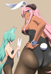 Rule 34 | 2girls, animal ear fluff, animal ears, anime coloring, ass, back, black leotard, blue eyes, breasts, brown legwear, rabbit ears, rabbit tail, capitan (tsyoujo), collarbone, commentary request, cowboy shot, dark skin, dark-skinned female, demon girl, covered erect nipples, extra ears, fake animal ears, hair over one eye, hand on own hip, highres, horns, large breasts, leotard, long hair, looking at object, looking at viewer, looking back, multiple girls, original, pantyhose, parted lips, pink hair, playboy bunny, purple eyes, small breasts, smile, strapless, strapless leotard, tail, very long hair, wrist cuffs