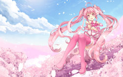 Rule 34 | 1girl, ahoge, boots, cherry blossoms, cloud, day, detached sleeves, finger gun, hatsune miku, highres, long hair, necktie, open mouth, petals, pink eyes, pink footwear, pink hair, pointing, sakura miku, sitting, skirt, sky, solo, thigh boots, thighhighs, twintails, very long hair, vocaloid, windart