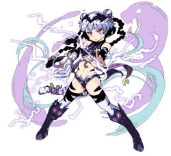 Rule 34 | 1girl, bikini, blush, boots, braid, bright pupils, closed mouth, double bun, electricity, fingernails, full body, gloves, grey background, hair bun, hair ornament, hair ribbon, haku (p&amp;d), index finger raised, jp06, legs apart, looking at viewer, navel, purple eyes, purple gloves, purple ribbon, puzzle &amp; dragons, ribbon, solo, swimsuit, tail, thighhighs, tiger tail, twin braids, white pupils