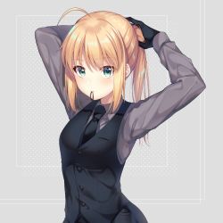 Rule 34 | 1girl, absurdres, ahoge, aqua eyes, arms up, artoria pendragon (all), artoria pendragon (fate), bad id, bad pixiv id, black gloves, black necktie, black vest, blonde hair, blush, closed mouth, collared shirt, fate/zero, fate (series), gloves, grey background, grey shirt, hair tie, highres, ichiren namiro, long hair, long sleeves, mouth hold, necktie, polka dot, polka dot background, ponytail, saber (fate), shirt, sidelocks, solo, tying hair, upper body, vest, wing collar