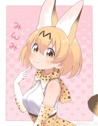 Rule 34 | 10s, 1girl, :3, animal ears, bare shoulders, blonde hair, blush, border, bow, bowtie, breasts, brown eyes, brown hair, closed mouth, elbow gloves, gloves, hair between eyes, halftone, halftone background, heart, heart background, high-waist skirt, kemono friends, looking at viewer, medium breasts, multicolored clothes, multicolored gloves, multicolored hair, multicolored neckwear, outside border, pointing, pointing at viewer, ransusan, serval (kemono friends), serval print, serval tail, shirt, short hair, skirt, sleeveless, sleeveless shirt, smile, solo, streaked hair, tail, tareme, twitter username, upper body, white border, white shirt