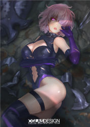 Rule 34 | 1girl, ass, black thighhighs, breast lift, breasts, cglas, elbow gloves, fate/grand order, fate (series), feet out of frame, gloves, hair over one eye, hand up, large breasts, lying, mash kyrielight, navel, on back, on floor, parted lips, planted, purple eyes, purple gloves, solo, thigh strap, thighhighs, watermark, weapon, web address