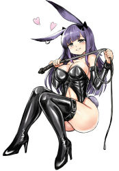 Rule 34 | 1girl, animal ears, arknights, ass, black bow, black footwear, black thighhighs, bondage outfit, boots, bow, choker, detached sleeves, dominatrix, fake animal ears, hair bow, high heel boots, high heels, highres, holding, holding whip, leotard, long hair, looking at viewer, midriff, navel, playboy bunny, purple hair, rabbit ears, rabbit tail, rope (arknights), simple background, smile, solo, tail, thighhighs, thighs, whip, white background, y.ssanoha