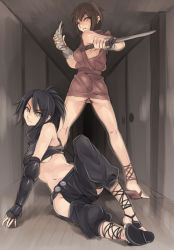 Rule 34 | 2girls, acquire, ankle lace-up, ass, ayame, ayame (tenchuu), bare shoulders, breasts, cross-laced footwear, feet, from software, hallway, hip vent, knife, large breasts, legs, looking back, mask, midriff, mizuryu kei, multiple girls, navel, ninja, reverse grip, rin (tenchuu), sandals, sleeveless, tenchu, tenchuu, underboob