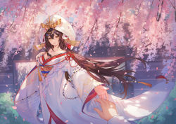 Rule 34 | 1girl, azur lane, branch, breasts, brown hair, criin (659503), day, floating hair, flower, hair between eyes, hat, highres, holding hands, horns, japanese clothes, jewelry, kimono, long hair, long sleeves, looking at viewer, medium breasts, mikasa (azur lane), necklace, obi, petals, pink flower, pov, pov hands, sash, smile, solo, solo focus, standing, sunlight, tassel, uchikake, very long hair, white hat, white kimono, wide sleeves, wisteria, yellow eyes