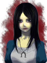 Rule 34 | 1girl, alice: madness returns, alice (alice in wonderland), alice in wonderland, alice liddell (american mcgee&#039;s alice), american mcgee&#039;s alice, black hair, closed mouth, dress, green eyes, jewelry, lipstick, long hair, looking at viewer, makeup, necklace, smile, solo