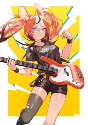 Rule 34 | 1girl, absurdres, animal ear fluff, animal ears, arm scrunchie, black hair, blue eyes, character name, guitar, hair ornament, hakos baelz, heie art, highres, hololive, hololive english, instrument, long hair, mouse ears, mouse girl, multicolored hair, outside border, plectrum, red hair, shirt, single thighhigh, spikes, streaked hair, t-shirt, thighhighs, twintails, virtual youtuber, white hair, yellow background