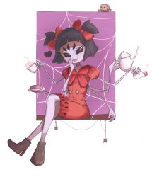 Rule 34 | 1girl, amepa (ame pinecandy), arthropod girl, boots, colored skin, extra arms, extra eyes, high heel boots, high heels, insect girl, monster girl, muffet, puffy short sleeves, puffy sleeves, purple skin, short sleeves, smile, solo, spider girl, tea, teapot, undertale