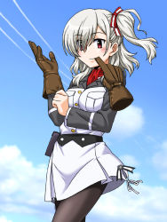 Rule 34 | 1girl, adjusting clothes, adjusting gloves, ascot, biting, black pantyhose, blue sky, closed mouth, cloud, cloudy sky, commentary request, contrail, cowboy shot, day, dress, eyes visible through hair, glove biting, gloves, unworn gloves, hair over one eye, hair ribbon, holster, komagome azuzu, long sleeves, looking at viewer, medium hair, one side up, oosaka kanagawa, outdoors, pantyhose, partial commentary, red ascot, red eyes, red ribbon, ribbon, senyoku no sigrdrifa, short dress, silver hair, sky, smile, solo, standing, white dress, wind