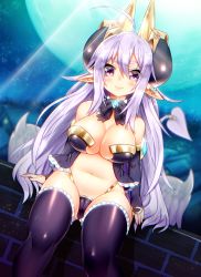 Rule 34 | 1girl, blush, breasts, cleavage, demon horns, demon tail, elbow gloves, eteru (mofuaki), feathered wings, full moon, gloves, horns, large breasts, long hair, looking at viewer, mofuaki, moon, original, pointy ears, purple eyes, purple hair, smile, solo, tail, thighhighs, wings