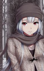 Rule 34 | 1girl, bad id, bad pixiv id, bare tree, beanie, brown hat, brown scarf, casual, forest, hat, heisei yutorin, long hair, long sleeves, looking at viewer, nature, original, outdoors, red eyes, scarf, silver hair, solo, tree, upper body, winter