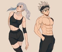 Rule 34 | 1boy, 1girl, artist name, asta (black clover), black clover, black pants, breasts, elbow pads, grey hair, gym shirt, hands in pockets, headband, muscular, muscular male, noelle silva, pants, portuguese commentary, shadowyghost, shirt, shorts, tank top, thighhighs, topless