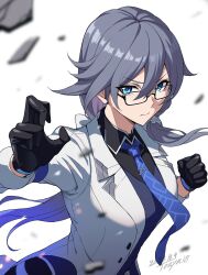 Rule 34 | 1girl, black-framed eyewear, black gloves, blue eyes, blue necktie, closed mouth, dated, fighting stance, fu hua, fu hua (night squire), glasses, gloves, grey hair, hair between eyes, highres, honkai (series), honkai impact 3rd, long sleeves, looking at viewer, martial arts, necktie, signature, simple background, solo, touya (the-moon), upper body, v-shaped eyebrows, white sleeves