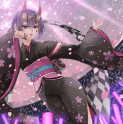 Rule 34 | 1girl, audience, black kimono, blue eyes, circlewisteria, facial mark, fate/grand order, fate (series), hair between eyes, hair ribbon, highres, horns, japanese clothes, kimono, long sleeves, obi, open mouth, print kimono, purple hair, ribbon, sash, short hair, shuten douji (fate), shuten douji (lostroom outfit) (fate), side slit, solo, stage, standing, wide sleeves