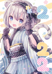 Rule 34 | 1girl, 2022, :d, animal ears, black gloves, black hairband, blue eyes, blue kimono, blush, commentary request, fang, gloves, grey hair, hair between eyes, hairband, hands up, highres, japanese clothes, kimono, kon hoshiro, long sleeves, looking at viewer, obi, open mouth, original, sash, smile, solo, striped clothes, striped kimono, tail, tail raised, tiger ears, tiger girl, tiger tail, vertical-striped clothes, vertical-striped kimono, white background, wide sleeves