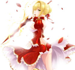 Rule 34 | 10s, 1girl, aestus estus, ahoge, ass, blonde hair, breasts, butt crack, commentary request, dress, epaulettes, fate/extra, fate (series), green eyes, highres, holding, holding sword, holding weapon, large breasts, looking at viewer, looking back, nero claudius (fate), nero claudius (fate), nero claudius (fate/extra), no panties, red dress, solo, sword, uonuma yuu, weapon, white background
