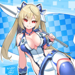Rule 34 | 1girl, arm support, protagonist (pso2), baniran dorosu, blonde hair, blue flag, blue leotard, blue thighhighs, bracelet, breasts, center opening, checkered flag, cleavage, commentary, commission, cowboy shot, flag, grin, hair between eyes, hair ornament, highleg, highleg leotard, highres, holding, holding flag, jewelry, large breasts, leaning to the side, leotard, long hair, looking at viewer, numako (pizza kanon), original, phantasy star, phantasy star online 2, race queen, red eyes, skeb commission, skirt, smile, solo, thighhighs, two-tone leotard, two side up, very long hair, white leotard, white skirt, zipper, zipper pull tab