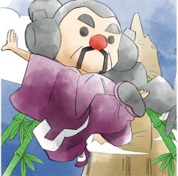Rule 34 | 1boy, bamboo, blue sky, chinese clothes, facial hair, grey hair, long hair, martial arts, master mantis, mountain, mustache, nintendo, official art, old, old man, pants, purple footwear, purple pants, red nose, sky, takeuchi kou, third-party source, warioware, warioware: get it together!