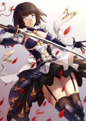 Rule 34 | 1girl, absurdres, arm guards, armor, armored boots, belt, black gloves, black hair, black panties, black skirt, boots, breasts, covered erect nipples, elbow gloves, erika (shadowverse), framed breasts, frown, garter straps, gins, gloves, highres, looking at another, medium breasts, mole, mole under eye, panties, pantyshot, petals, purple eyes, purple panties, shadowverse, short hair, shoulder armor, skirt, solo, standing, sword, thighhighs, thighs, underwear, weapon