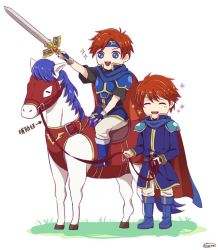 Rule 34 | 2boys, armor, blue eyes, cape, chibi, dress, eliwood (fire emblem), closed eyes, father and son, fire emblem, fire emblem: the binding blade, fire emblem: the blazing blade, fire emblem heroes, horse, kazame, male focus, multiple boys, nintendo, open mouth, red hair, roy (fire emblem), short hair, simple background, smile, weapon