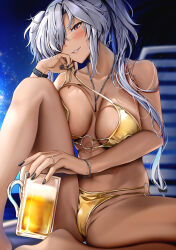 Rule 34 | 1girl, alternate costume, bare shoulders, barefoot, beach chair, beer mug, bikini, black nails, blurry, blurry background, blush, bracelet, breast press, breasts, breasts apart, brown eyes, cameltoe, collarbone, commentary request, cup, dark-skinned female, dark skin, glasses, gold bikini, grey hair, groin, hair over one eye, highres, holding, holding cup, jewelry, kantai collection, knee up, large breasts, long hair, looking at viewer, mug, musashi (kancolle), navel, necklace, night, night sky, o-ring, o-ring bikini, outdoors, panties, parted lips, revision, ring, semi-rimless eyewear, sitting, sky, smile, solo, spaghetti strap, spread legs, star (sky), starry sky, swimsuit, twintails, underwear, untied bikini, wedding ring, yunamaro