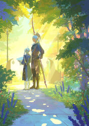 Rule 34 | 2boys, ahoge, alphinaud leveilleur, belt, black gloves, black pants, blue coat, boots, braid, braided ponytail, brown coat, brown footwear, bush, coat, commentary, covered eyes, cross-laced footwear, dappled sunlight, day, dragoon (final fantasy), elbow gloves, english commentary, estinien varlineau, facing another, facing away, final fantasy, final fantasy xiv, flower, gloves, grass, hair ribbon, hand on own hip, height difference, highres, knee boots, komoshita, lamppost, lance, light rays, long hair, male focus, medium hair, multiple boys, outdoors, pants, path, pointy ears, polearm, ponytail, purple flower, ribbon, road, scenery, signature, single braid, smile, standing, sunbeam, sunlight, torn clothes, torn coat, tree, twitter username, weapon, weapon on back, white footwear, white gloves, white hair, wide shot