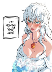 Rule 34 | 1girl, absurdres, bare shoulders, berserk, blue eyes, blush, bouquet, breasts, cleavage, dingotoad, dress, english text, flower, genderswap, genderswap (mtf), griffith (berserk), highres, holding, holding bouquet, jewelry, large breasts, lips, necklace, parted lips, rose, sidelocks, simple background, solo, teeth, white background, white dress, white flower, white hair, white rose