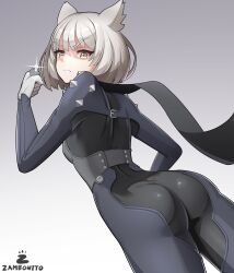 Rule 34 | 1girl, animal ears, ass, bodysuit, breasts, cosplay, facial mark, from behind, gloves, grey hair, looking at viewer, looking down, mio (xenoblade), niijima makoto, niijima makoto (cosplay), persona, persona 5, short hair, sideboob, skin tight, small breasts, solo, xenoblade chronicles (series), xenoblade chronicles 3, yellow eyes, zambonito