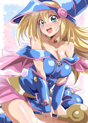 Rule 34 | 1girl, absurdres, bare shoulders, blonde hair, blue footwear, blue hat, blush, blush stickers, boots, breasts, choker, cleavage, dark magician girl, duel monster, green eyes, hair between eyes, hat, highres, holding, holding wand, large breasts, long hair, looking at viewer, open mouth, pentacle, pentagram, smile, solo, staff, wand, washizuka shou, wizard hat, yu-gi-oh!, yu-gi-oh! duel monsters