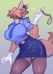 Rule 34 | 1girl, animal ears, artist name, belt, breasts, cuffs, eyelashes, fangs, furry, gloves, gradient background, green background, green eyes, grey background, handcuffs, hat, highres, large breasts, miniskirt, necktie, open mouth, pantyhose, police, police uniform, policewoman, shiny skin, skirt, solo, standing, suigi, tail, uniform, white gloves, wolf, wolf ears, wolf girl, wolf tail