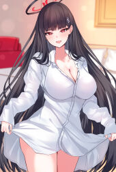 Rule 34 | 1girl, bed, black hair, blue archive, breasts, bright pupils, cleavage, highres, large breasts, long hair, looking at viewer, mi taro333, red eyes, rio (blue archive), smile, solo, white pupils