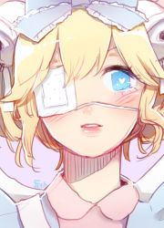 Rule 34 | 1girl, blonde hair, blue bow, blue eyes, blush, bow, commentary, commission, english commentary, eyepatch, hair between eyes, hair bow, heart, heart-shaped pupils, highres, k1ruse, lips, original, peter pan collar, portrait, purple background, short hair, simple background, solo, symbol-shaped pupils