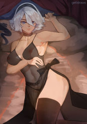 Rule 34 | armpits, ass, bad id, bad pixiv id, black hairband, black panties, blue eyes, boots, breasts, choker, cleavage, covered erect nipples, covered navel, dress, gelldraws, gown, hairband, highres, large breasts, nier:automata, nier (series), no blindfold, no bra, on bed, panties, see-through, side slit, silver hair, thigh boots, thighhighs, thighs, underwear, 2b (nier:automata)