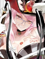 Rule 34 | 1girl, body writing, breasts, cleavage, fate/grand order, fate (series), glasses, gloves, grin, hat, highres, iris (tb33064667), koyanskaya (fate), koyanskaya (foreigner) (second ascension) (fate), large breasts, lipstick mark, long hair, pink hair, smile, tamamo (fate), top hat, valentine, whip, white gloves
