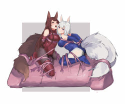 Rule 34 | 2girls, akagi (azur lane), amiba (amiba00638239), animal ears, arms behind back, azur lane, bare shoulders, bdsm, black legwear, blue eyes, blue gloves, blue legwear, blue leotard, blush, bondage, bound, bound arms, breasts, brown hair, clenched teeth, drooling, elbow gloves, female focus, fox ears, fox girl, fox tail, full body, gloves, heart, heart-shaped pupils, highres, kaga (azur lane), leaning forward, leotard, long hair, looking to the side, looking up, medium breasts, multiple girls, multiple tails, pantyhose, parted lips, pussy, pussy juice, red eyes, red gloves, red legwear, red leotard, saliva, shiny clothes, short hair, simple background, straddling, symbol-shaped pupils, tail, tears, teeth, thighhighs, tongue, tongue out, torn clothes, two-tone background, uncensored, vaginal, wet, wet clothes, white background, white hair, white legwear