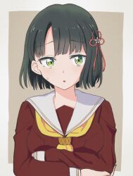 Rule 34 | 1girl, black hair, blunt bangs, blunt ends, border, breasts, brown background, brown dress, commentary request, crossed arms, dress, flower, flower knot, green eyes, hair flower, hair ornament, hasu no sora school uniform, highres, katsuo bushi (u0 6ushi), link! like! love live!, long sleeves, looking at viewer, love live!, medium breasts, momose ginko, neckerchief, open mouth, outside border, sailor collar, sailor dress, school uniform, short hair, solo, sweatdrop, virtual youtuber, white border, white sailor collar, winter uniform, yellow neckerchief