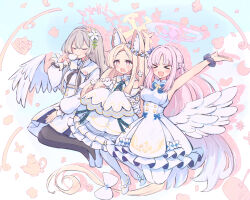 Rule 34 | &gt; &lt;, 3girls, :d, angel wings, animal, animal ear fluff, animal ears, arms up, bare shoulders, bird, black pantyhose, blonde hair, blue archive, blush, braid, closed eyes, closed mouth, cup, detached sleeves, dress, feathered wings, flower, fox ears, frilled dress, frills, hair flower, hair ornament, high heels, highres, holding, holding cup, light brown hair, long hair, mika (blue archive), multiple girls, nagisa (blue archive), open mouth, pantyhose, pink flower, pink hair, sateto (user knrf2332), seia (blue archive), sleeves past fingers, sleeves past wrists, smile, striped clothes, striped pantyhose, white bird, white dress, white flower, white footwear, white pantyhose, white wings, wings, xd, yellow eyes
