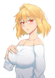 Rule 34 | 1girl, absurdres, arcueid brunestud, bare shoulders, blonde hair, blouse, blush, breasts, collarbone, fingernails, hair between eyes, hair intakes, hand on breast, hand up, highres, jewelry, kiji 711, looking at viewer, medium breasts, necklace, off shoulder, parted lips, red eyes, shirt, short hair, simple background, slit pupils, solo, taut clothes, taut shirt, tsukihime, upper body, white shirt