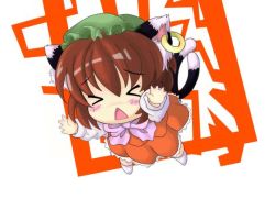 Rule 34 | &gt; &lt;, 1girl, animal ears, arms up, blush, bow, brown hair, cat ears, cat girl, cat tail, chen, chibi, earrings, closed eyes, female focus, foreshortening, from above, full body, hat, jewelry, multiple tails, north abyssor, skirt, solo, tail, touhou