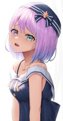 Rule 34 | blouse, blue hair, blue shirt, bow, disgust, hat, highres, himemori luna, hololive, jewelry, looking at viewer, multicolored eyes, multicolored hair, necklace, open mouth, pink hair, shirt, taiga (ryukyu-6102-8), virtual youtuber, white background