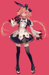 Rule 34 | 1boy, astolfo (fate), astolfo (saber) (fate), astolfo (saber) (third ascension) (fate), black bow, black footwear, black gloves, black legwear, black ribbon, bow, bowtie, chocoan, closed mouth, fate/grand order, fate (series), full body, gloves, hair bow, hair intakes, hair ribbon, highres, long hair, long sleeves, looking at viewer, low twintails, male focus, multicolored hair, pink background, pink hair, purple eyes, ribbon, smile, solo, streaked hair, trap, twintails